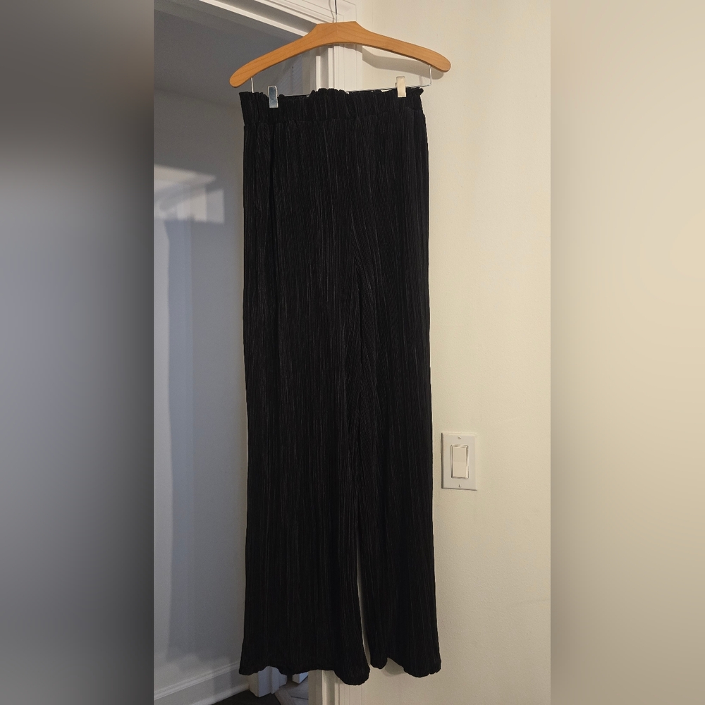 NWT Pleated Wide Leg High Waisted Black Pants Accordion Plisse Size Medium - Picture 2 of 9